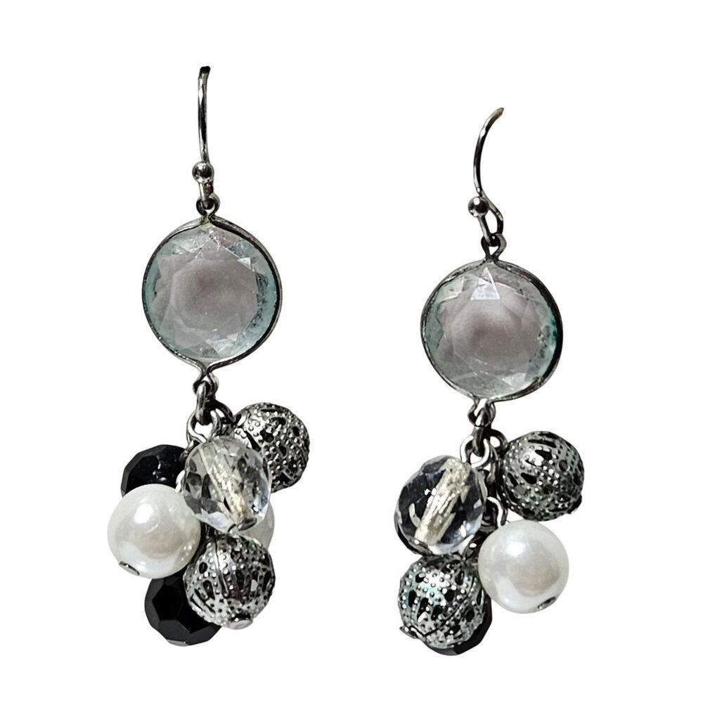 Elegant Silver Tone Dangle Earrings Crystal & Faux Pearl Accents Retro Jewelry